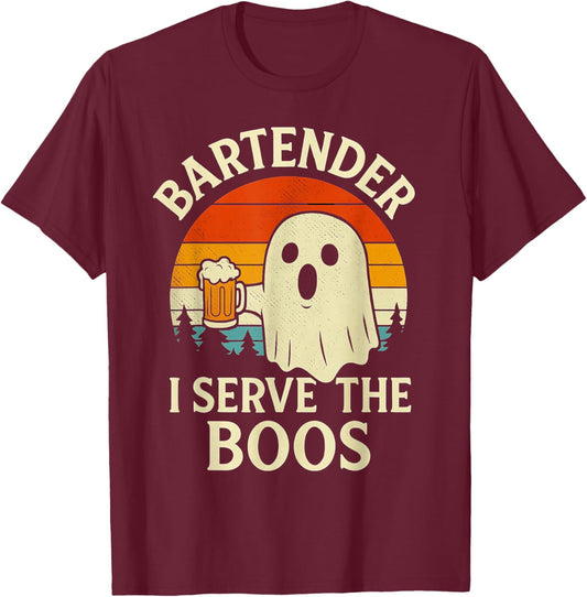 Halloween Bartender Ghost Serve Boos Funny Costume Men Women T-Shirt - T-Shirt | Maroon