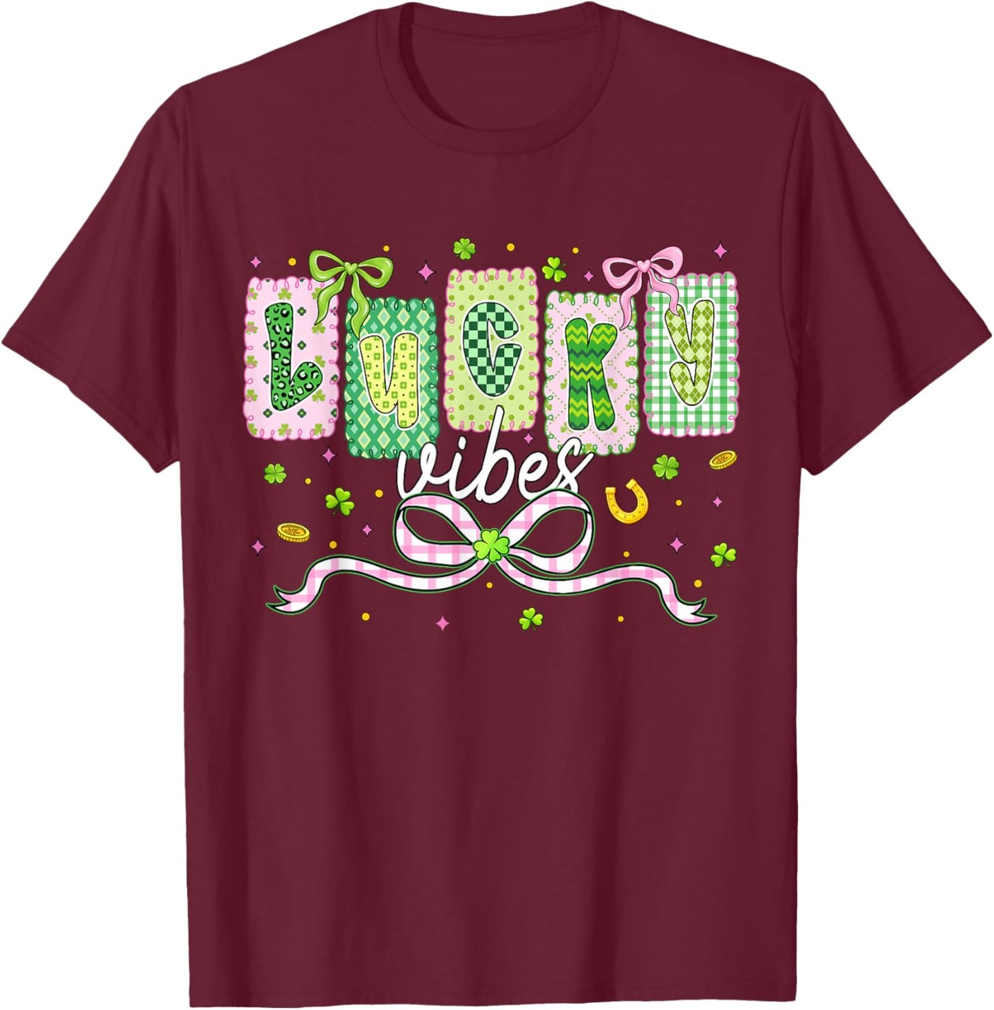 Preppy St Patricks Day Lucky Vibes Shamrock Women Girls Kids T-Shirt - T-Shirt | Maroon