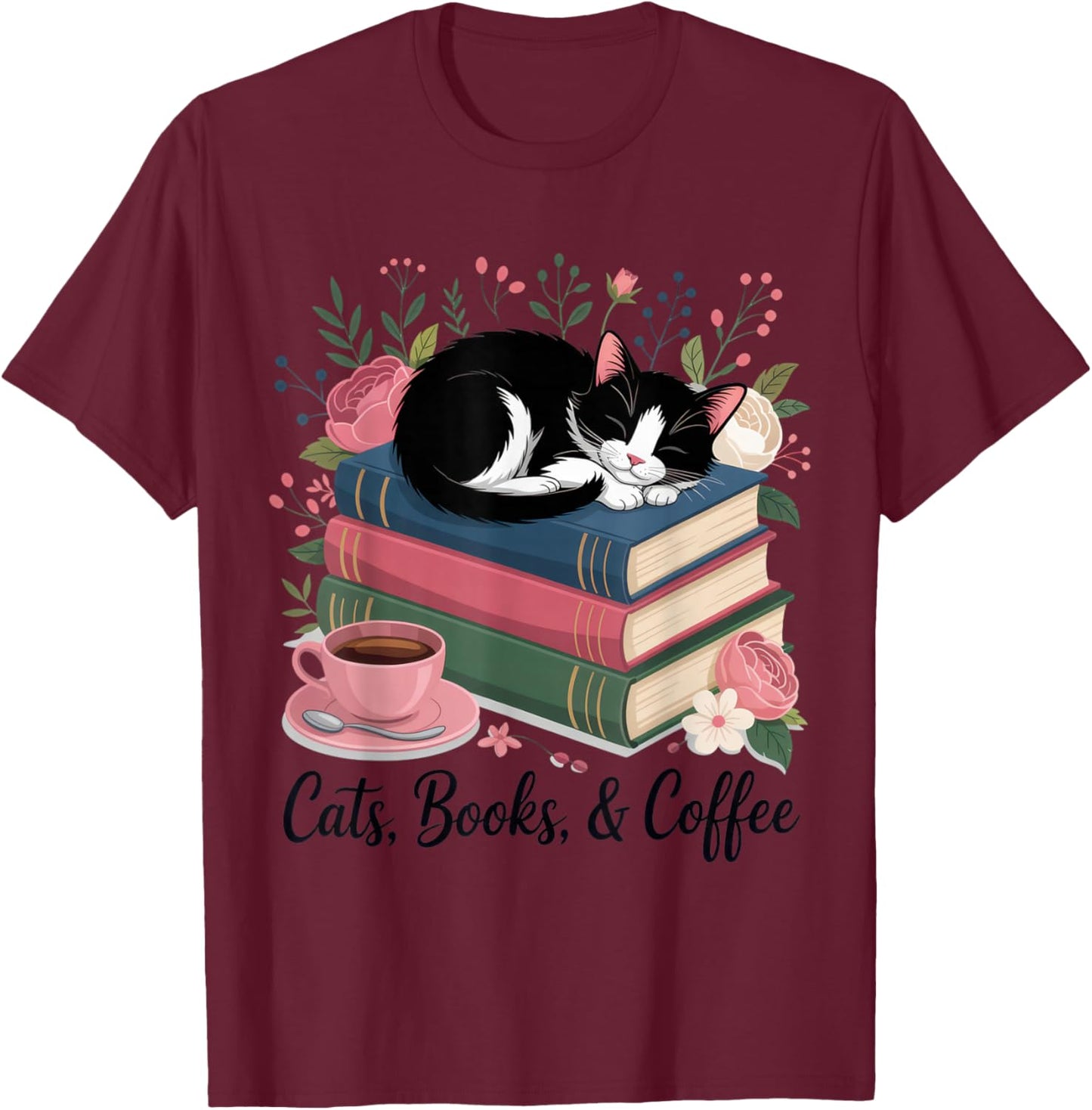 Cats, Books, & Coffee for Cat Lovers in Relaxed Weekend T-Shirt - T-Shirt | Maroon