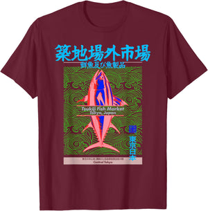 Tsukiji Fish Market Tuna Tokyo - Japanese Wave Pattern Art T-Shirt - T-Shirt | Maroon