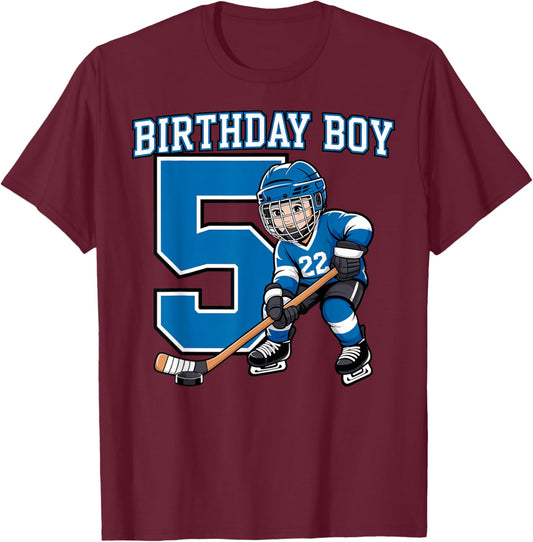 Ice Hockey 5 Years Birthday Boy 5th Bday Kids Hockey Party T-Shirt - T-Shirt | Maroon