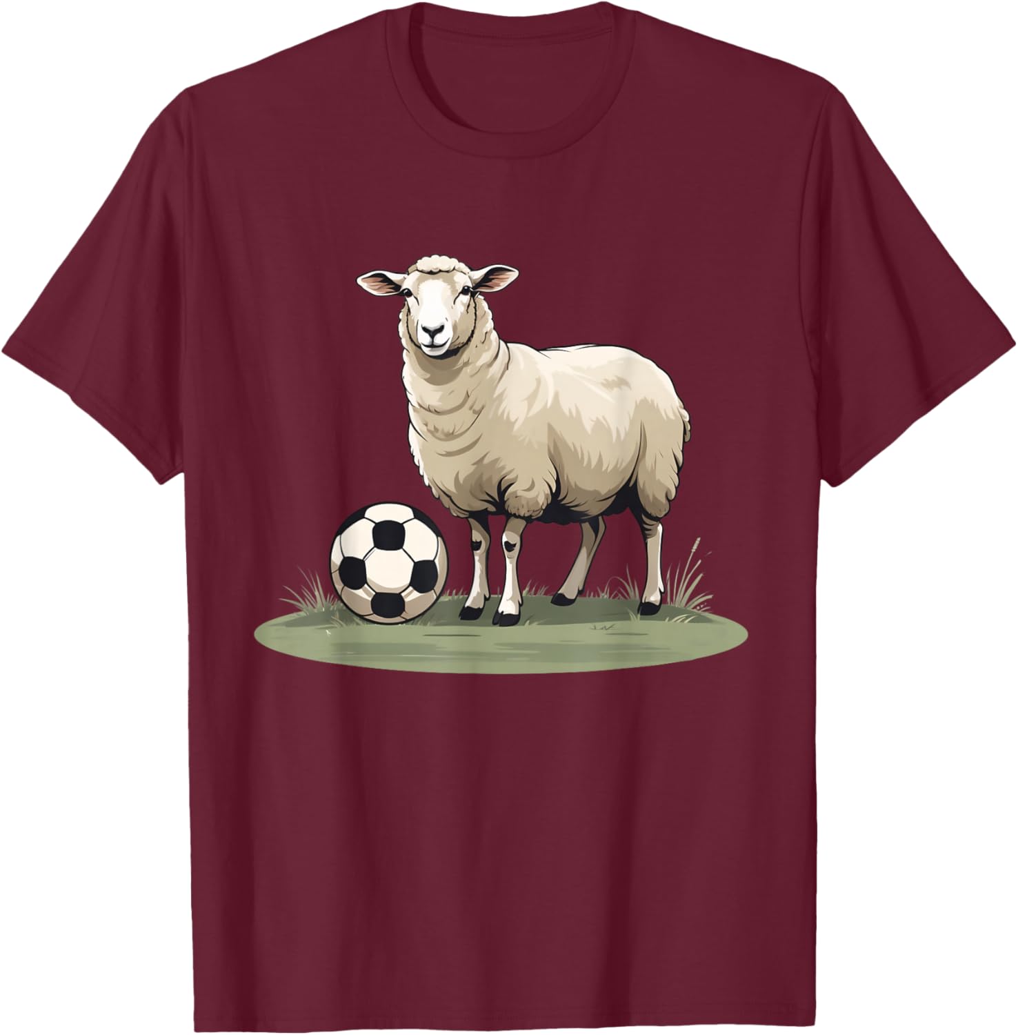 Sheep with Soccer Ball Animal Illustration T-Shirt - T-Shirt | Maroon