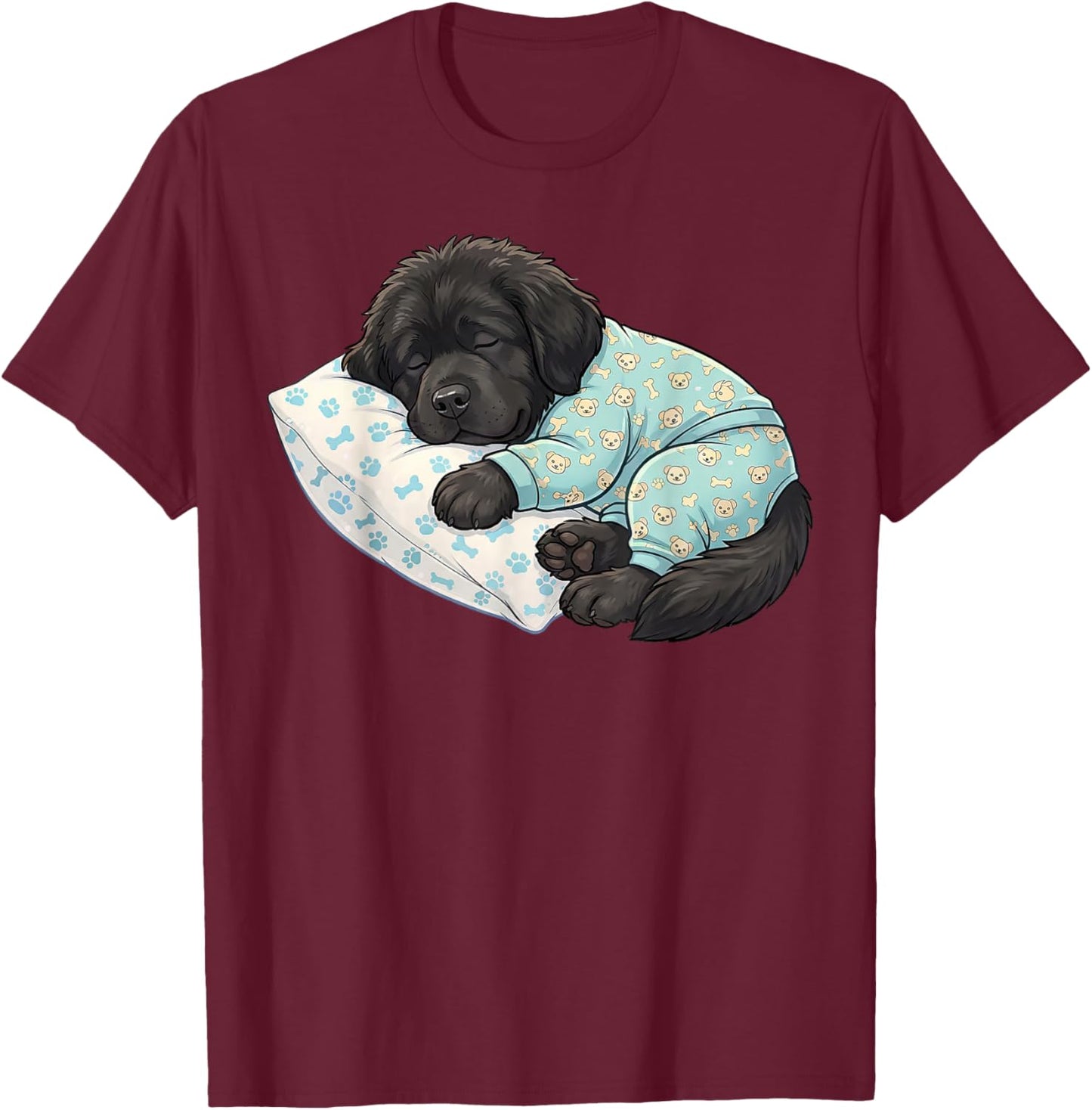 Cute Newfoundland Dog Sleeping in Pajamas Bedtime Art T-Shirt - T-Shirt | Maroon