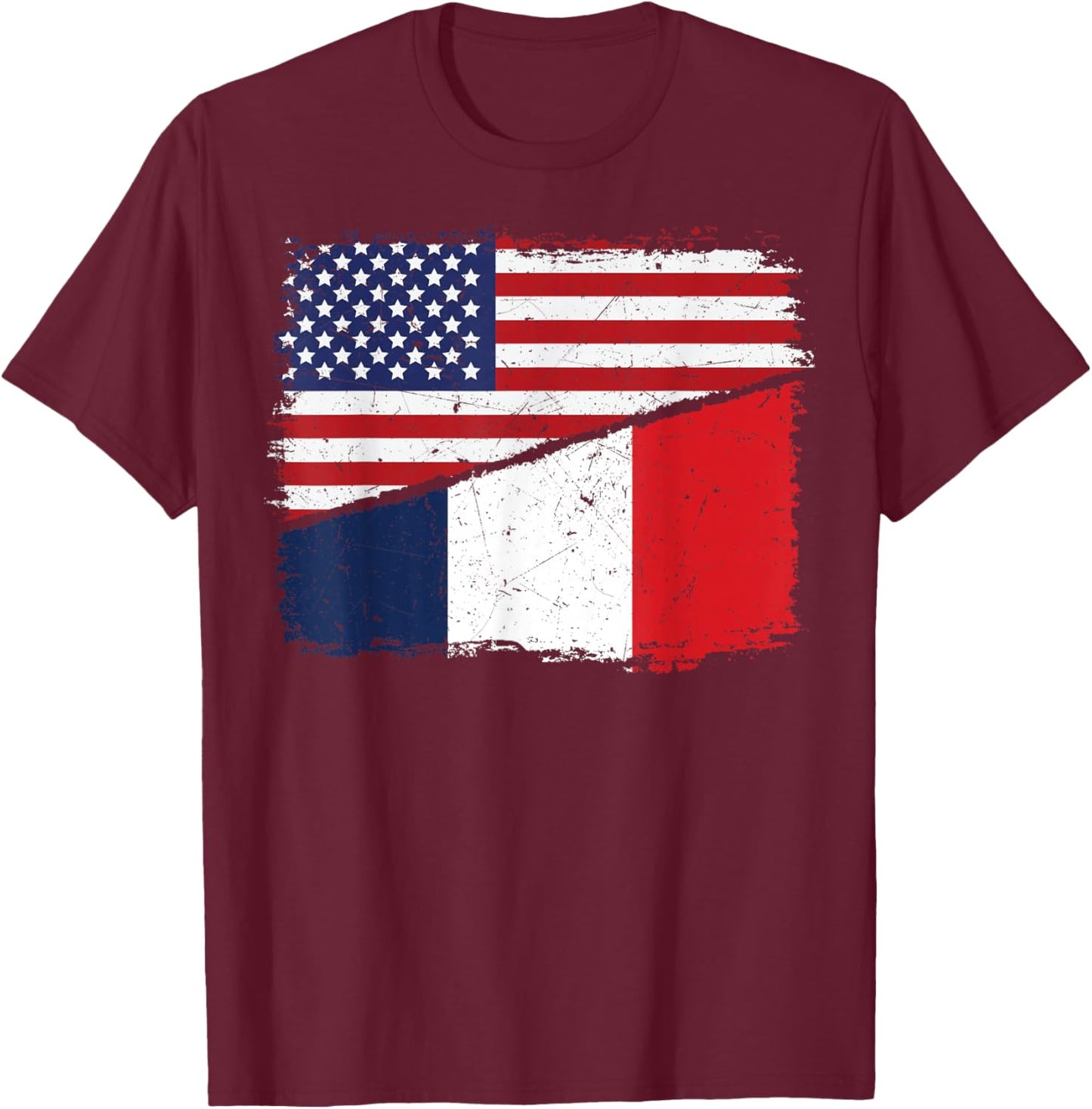Half American Half French USA Flag France Flag Patriotic T-Shirt - T-Shirt | Maroon