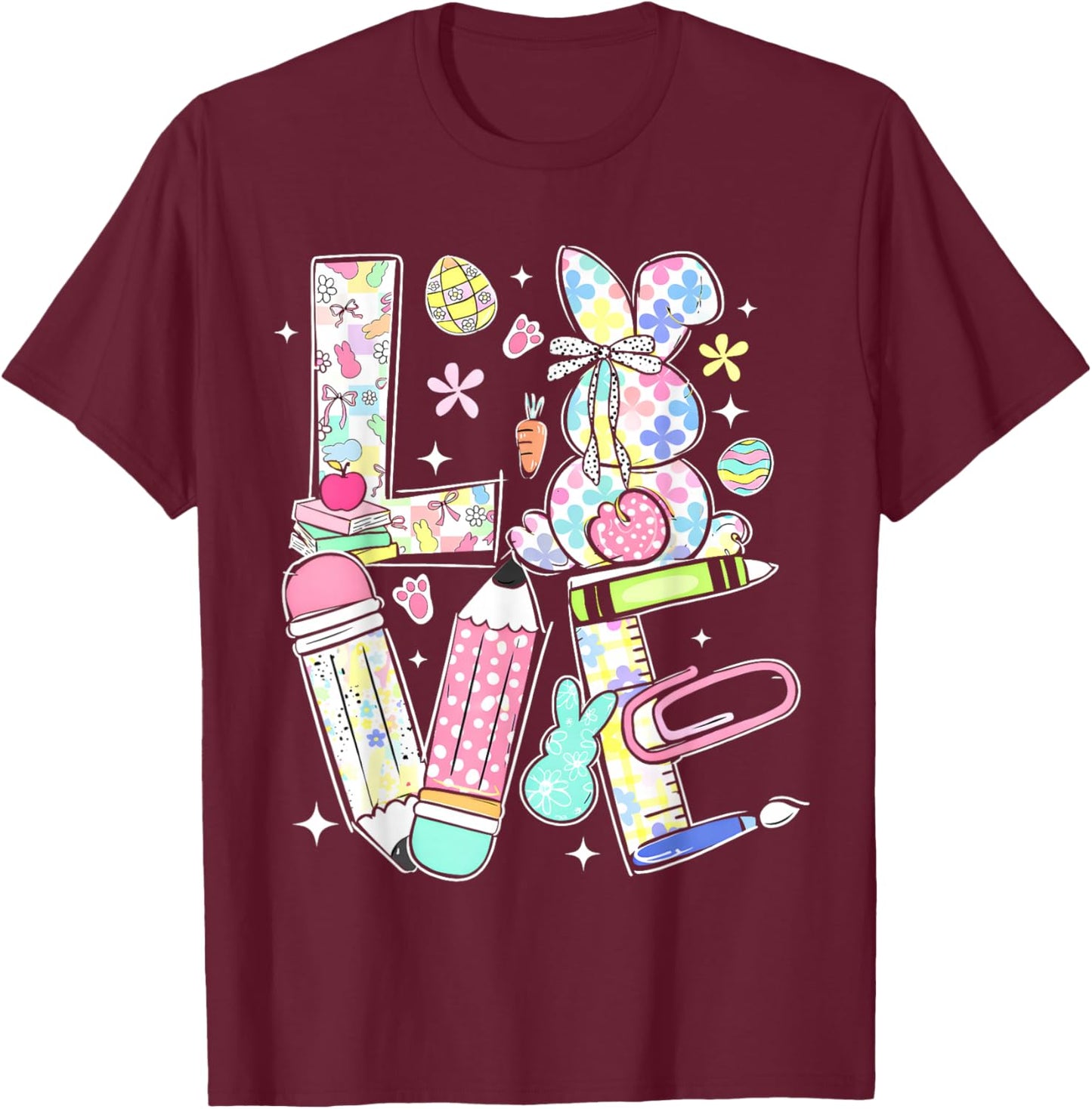 Love Easter Bunny Teacher Kid Cute Rabbit Spring Girl Women T-Shirt - T-Shirt | Maroon