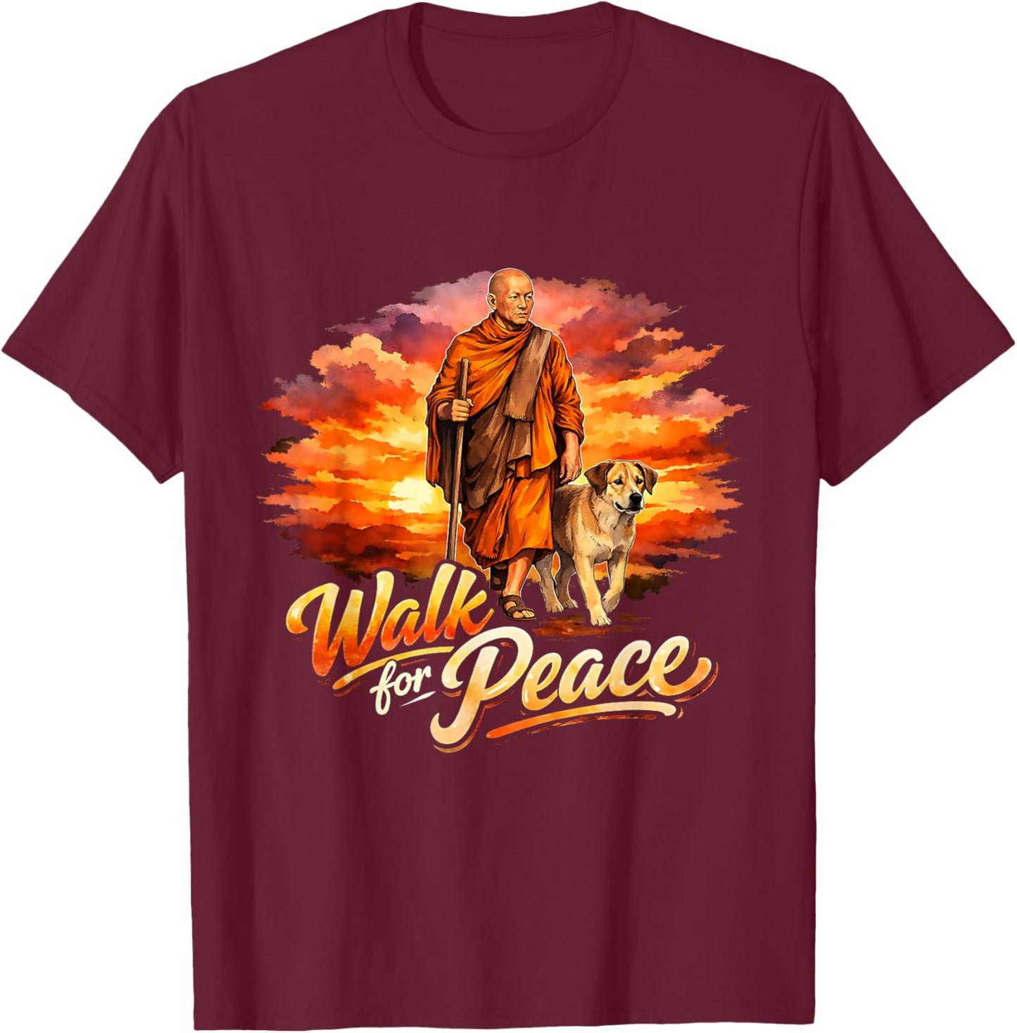 Walk for Peace Mindful Monk Spiritual Art T-Shirt - T-Shirt | Maroon