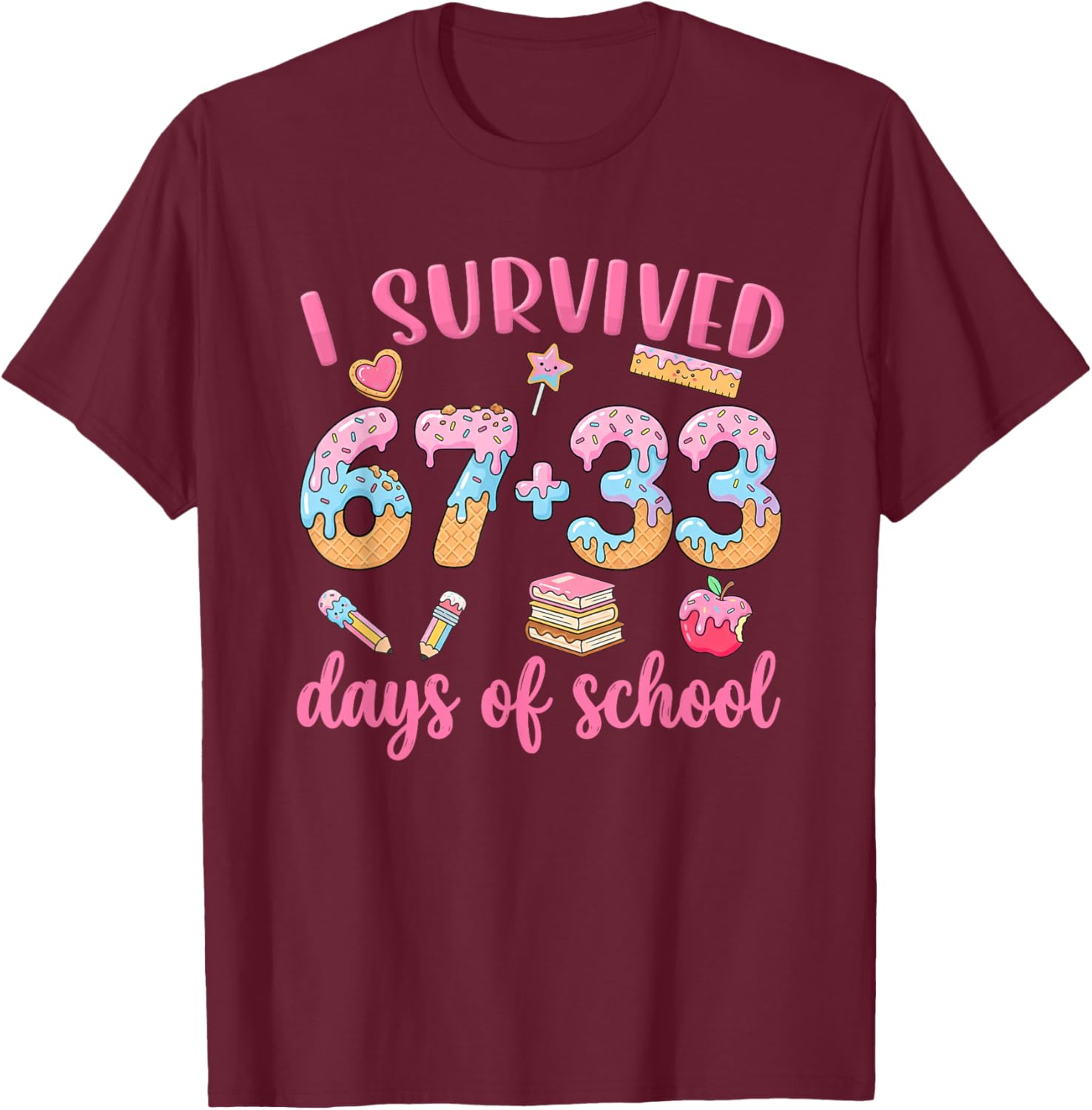 I Survived 67 33 Days of School Ice-Cream Drip 100th Day Kid T-Shirt - T-Shirt | Maroon
