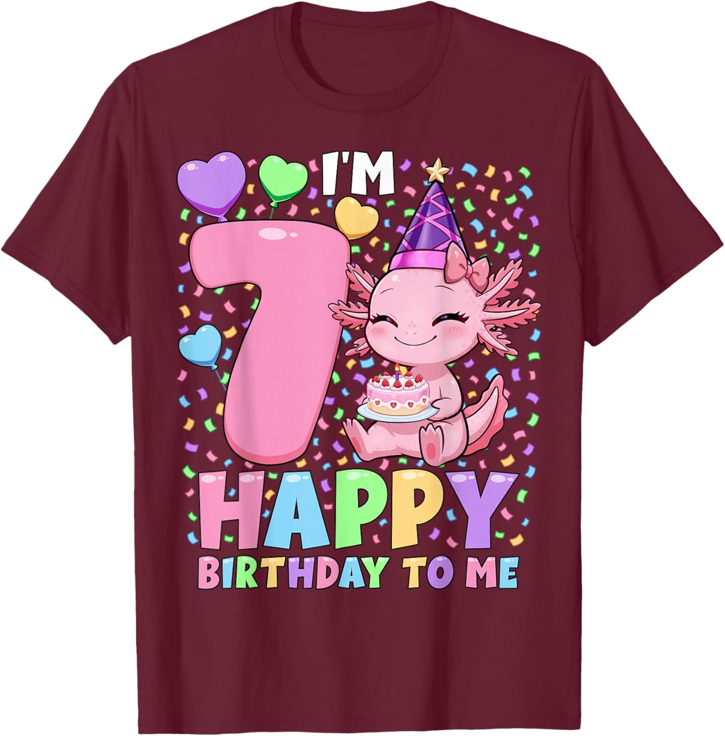 Girls Axolotl Birthday Shirt | 7 Years Old Birthday Axolotl T-Shirt - T-Shirt | Maroon