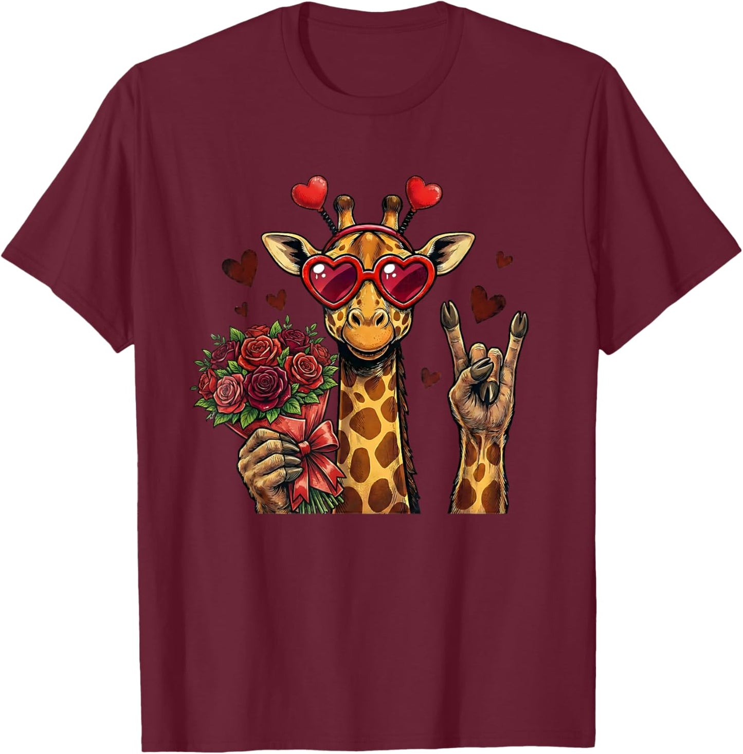 Funny Giraffe Love Design Valentine Heart Glasses T-Shirt - T-Shirt | Maroon