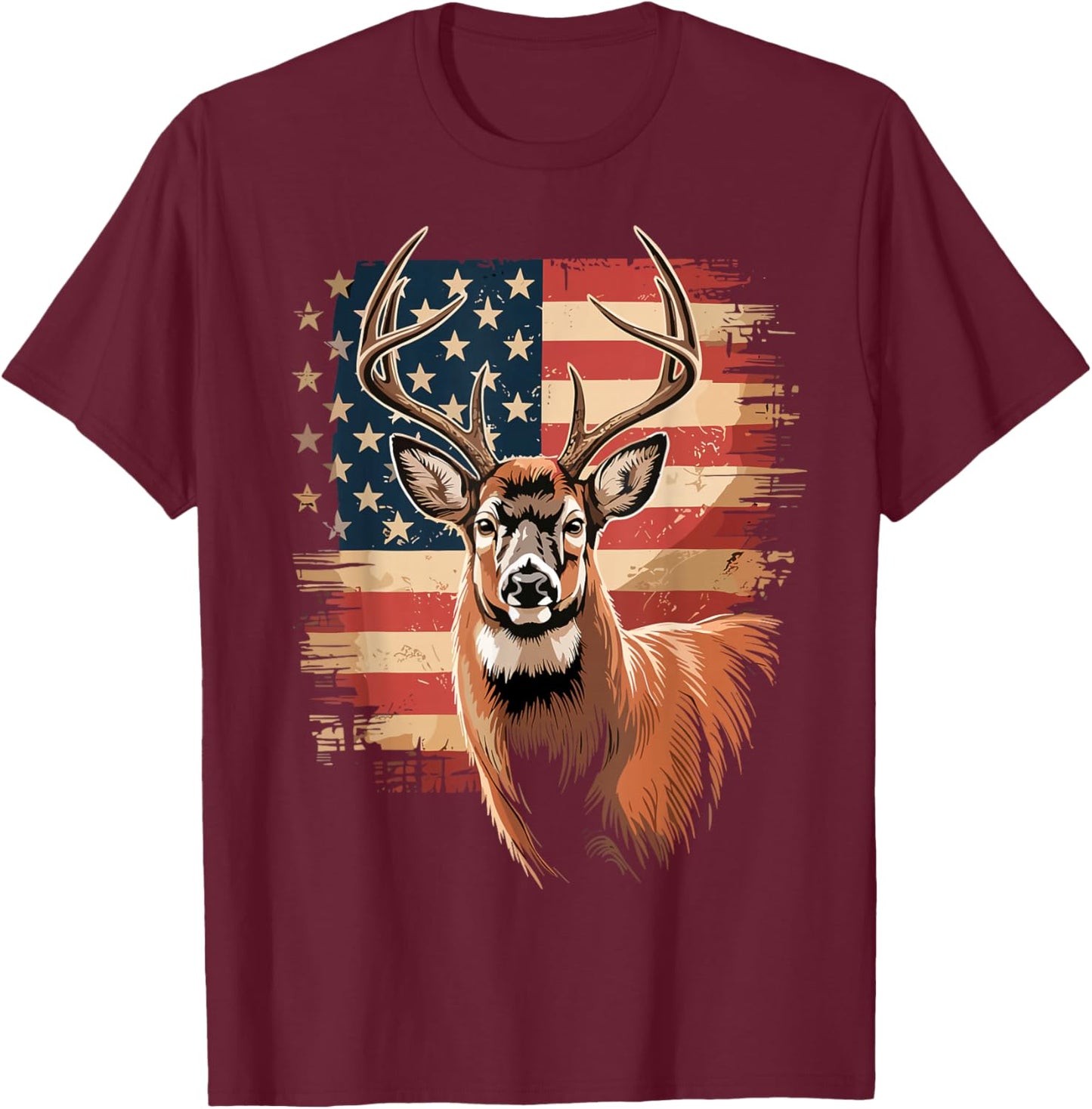 Deers Hunting USA Flag American Whitetail Buck Deer T-Shirt - T-Shirt | Maroon