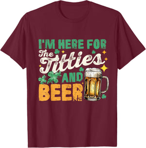 Vintage I'm Here for The Titties and Beer Funny T-Shirt - T-Shirt | Maroon