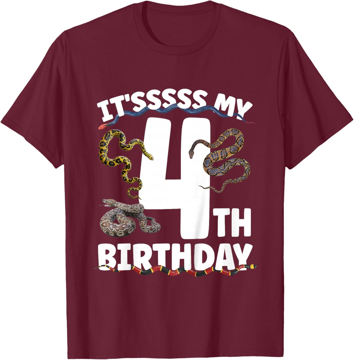 4th Snake Birthday Party 4 Year Old Snake Lover Birthday T-Shirt - T-Shirt | Maroon