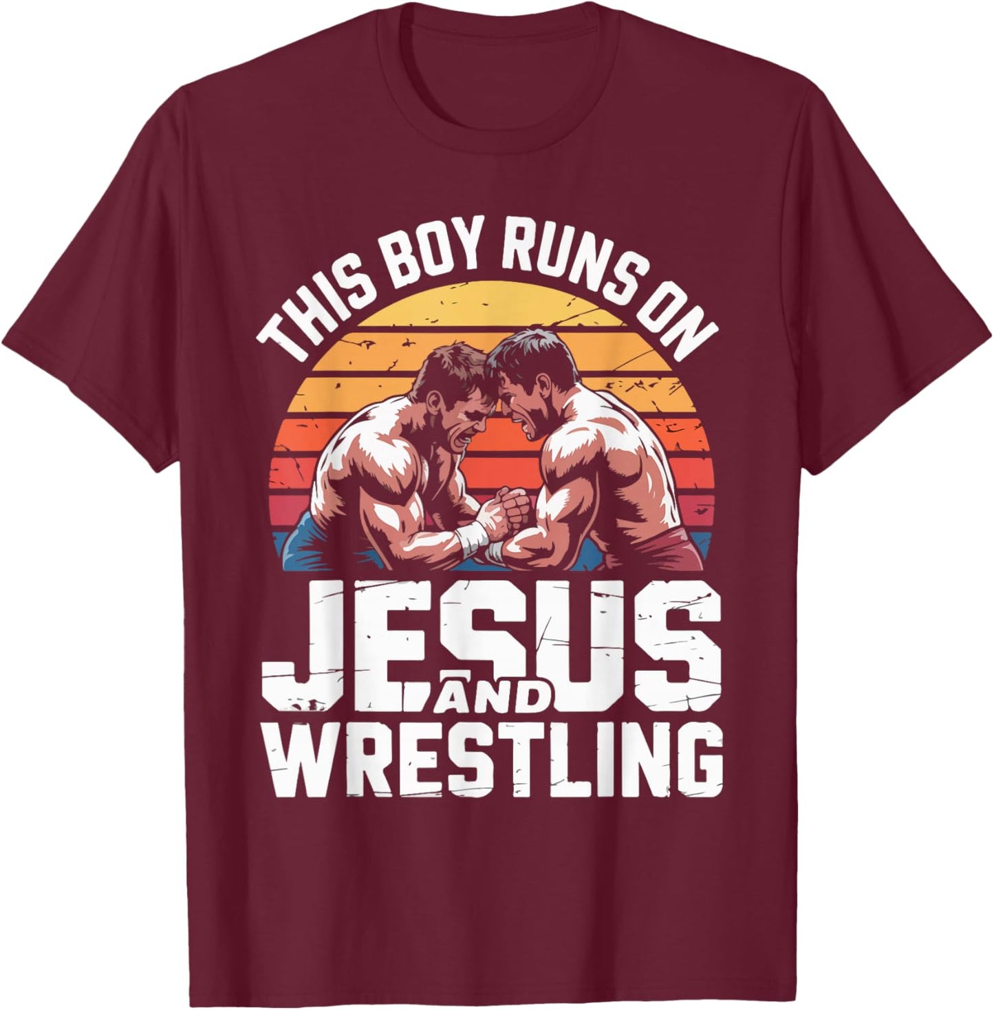 This Boy Runs On Jesus and Wrestling T-Shirt - T-Shirt | Maroon