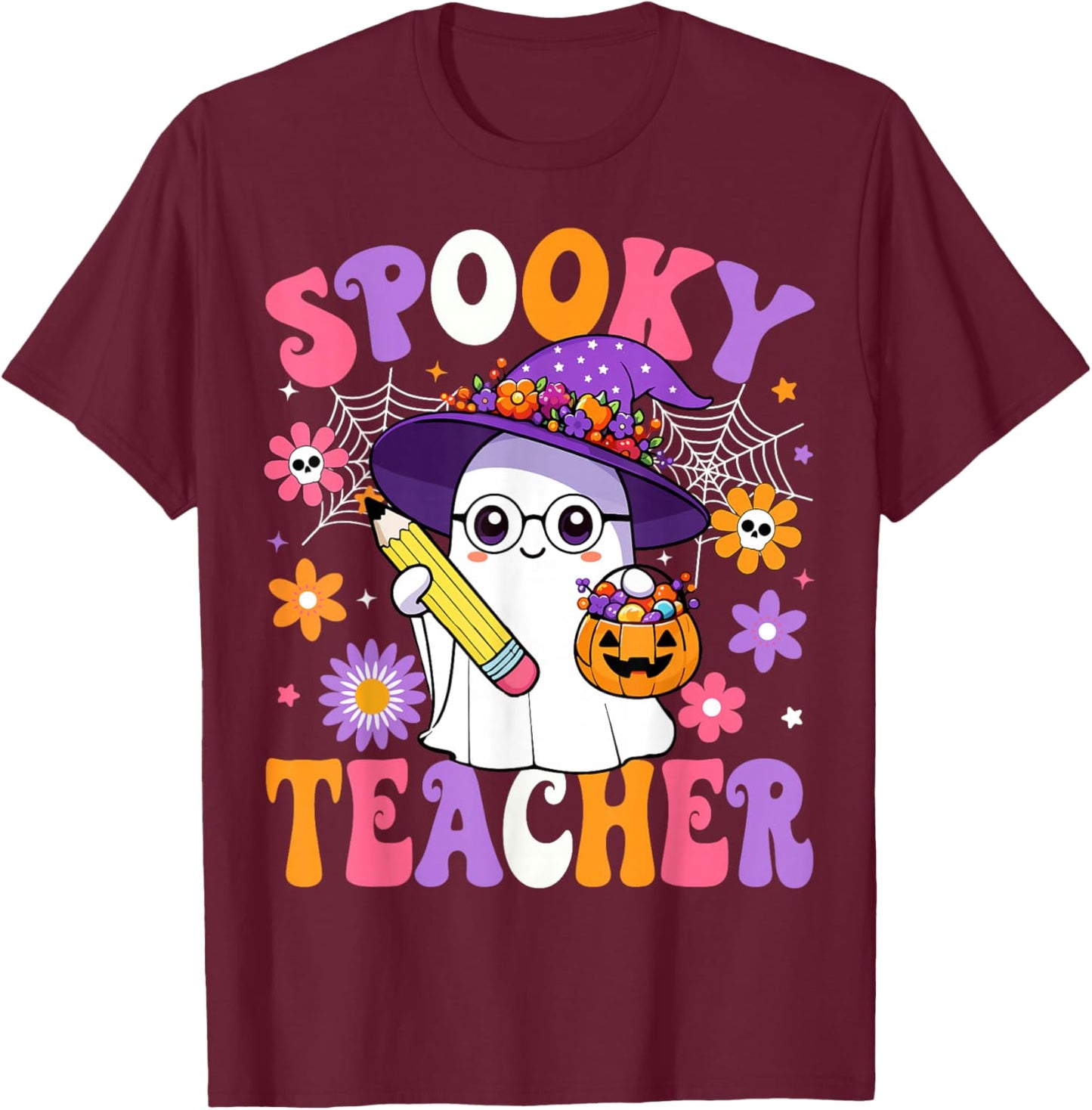 Trick Or Teach Spooky Teacher Ghost Funny Halloween Teacher T-Shirt - T-Shirt | Maroon