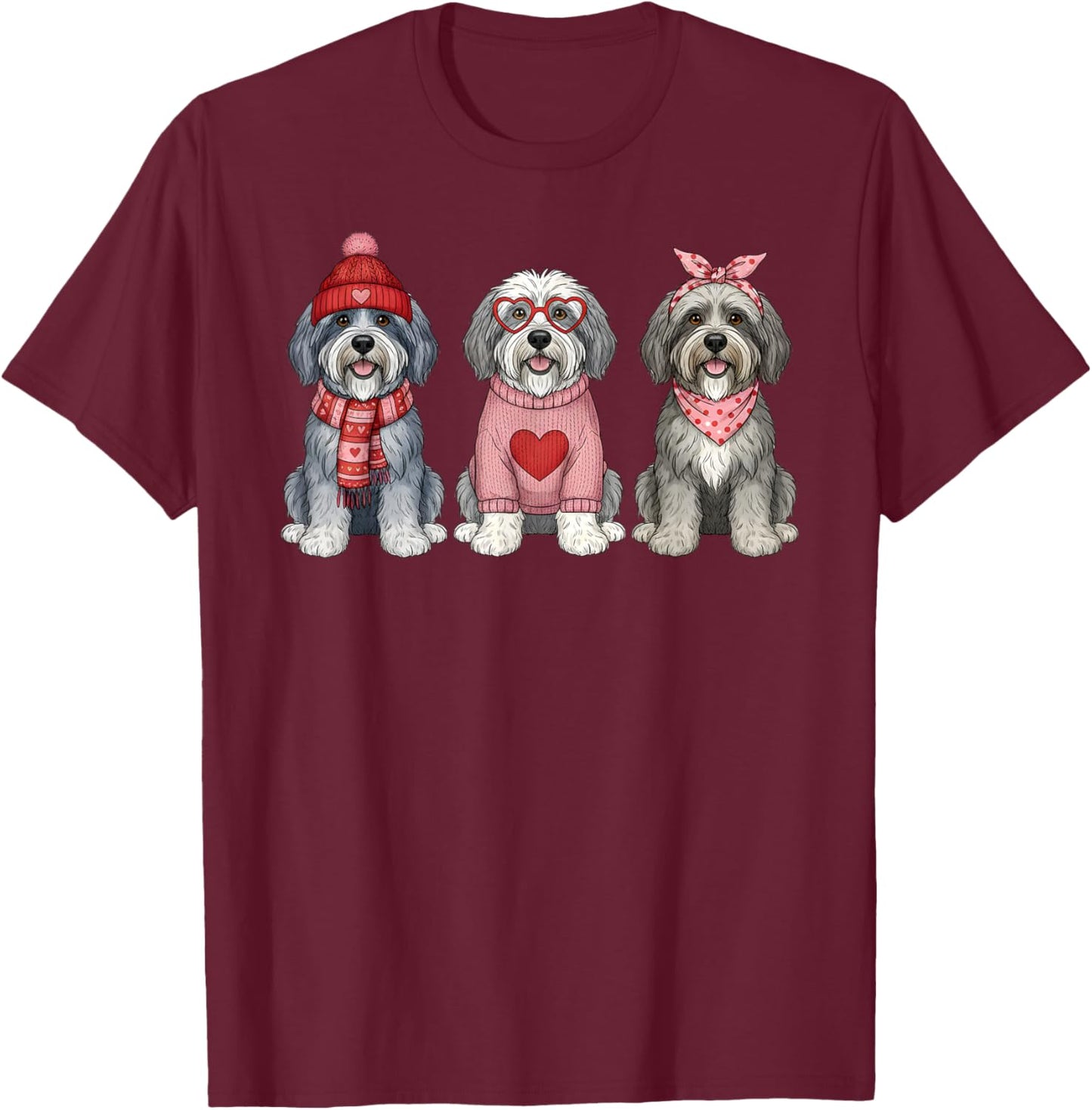 Cute Old English Sheepdog Valentine Dog T-Shirt - T-Shirt | Maroon