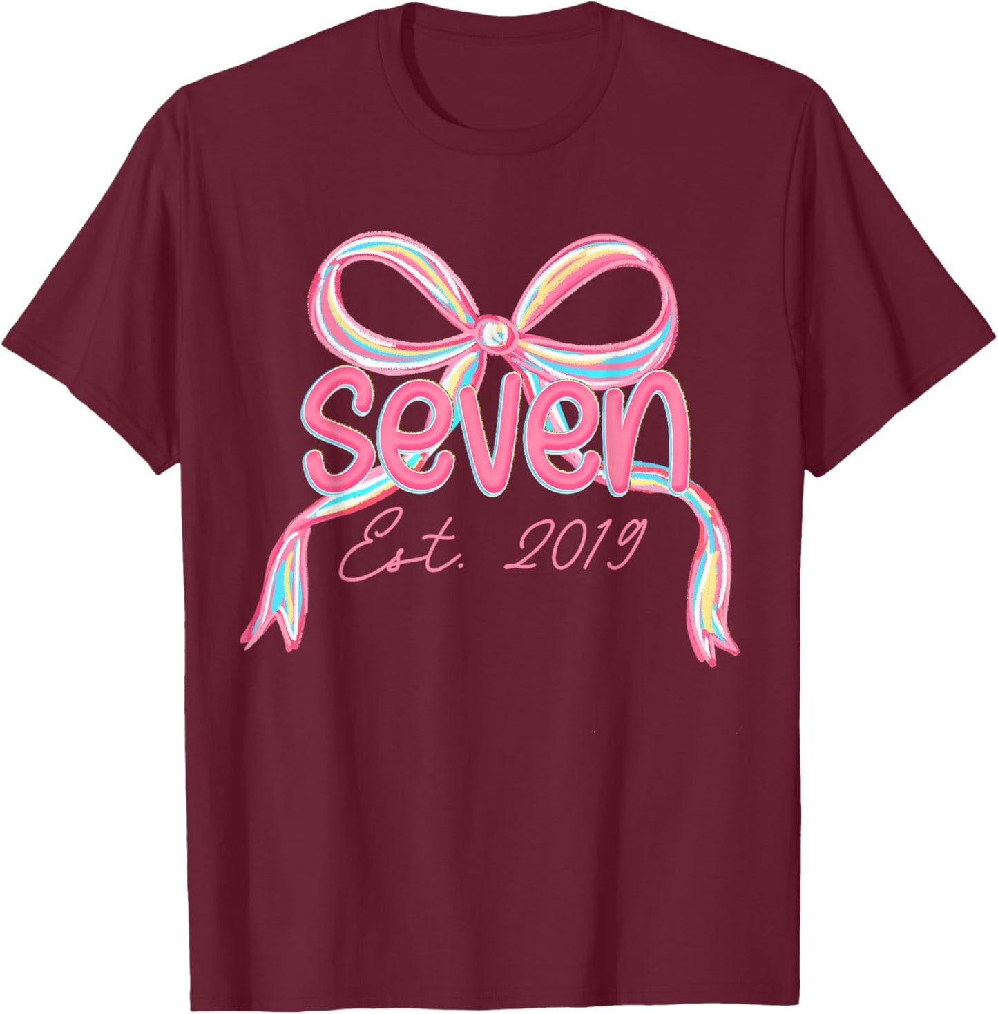 7th Birthday Girl Pink Coquette Bow 7 Year Old Decorations T-Shirt - T-Shirt | Maroon