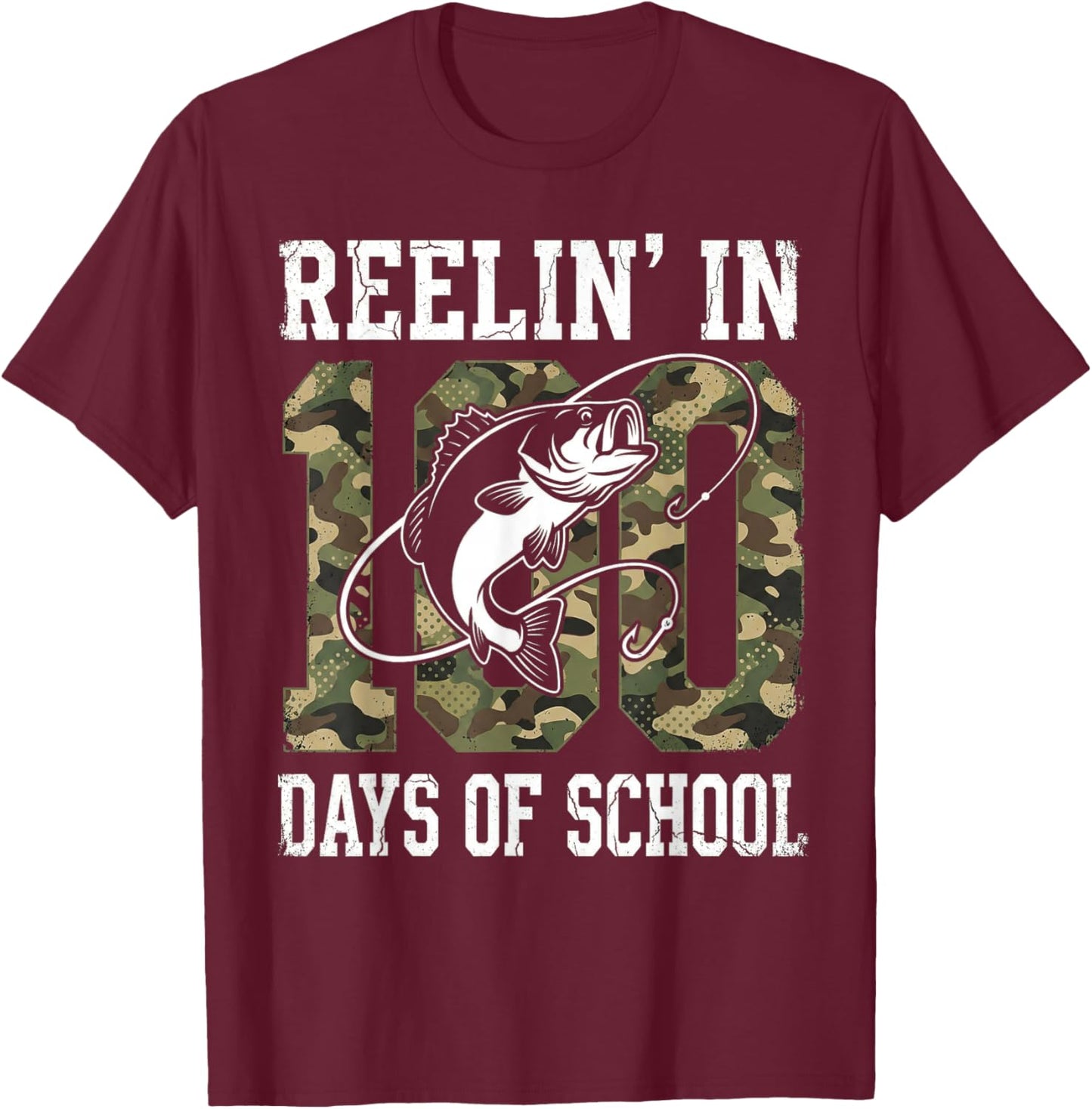 Reelin' in 100 Days of School Bass Camo Fishing Lover Boys T-Shirt - T-Shirt | Maroon