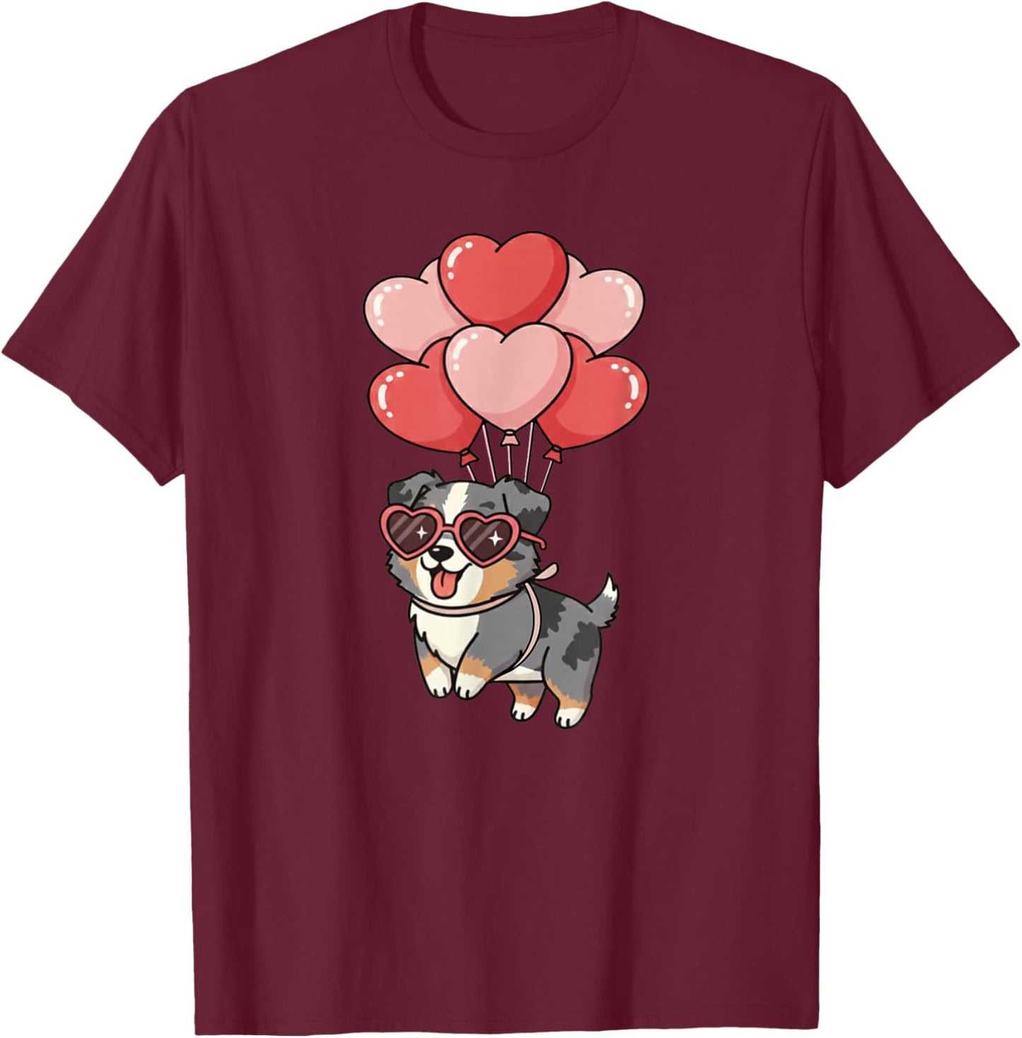 Valentines Day Heart Balloons Blue Merle Australian Shepherd T-Shirt - T-Shirt | Maroon