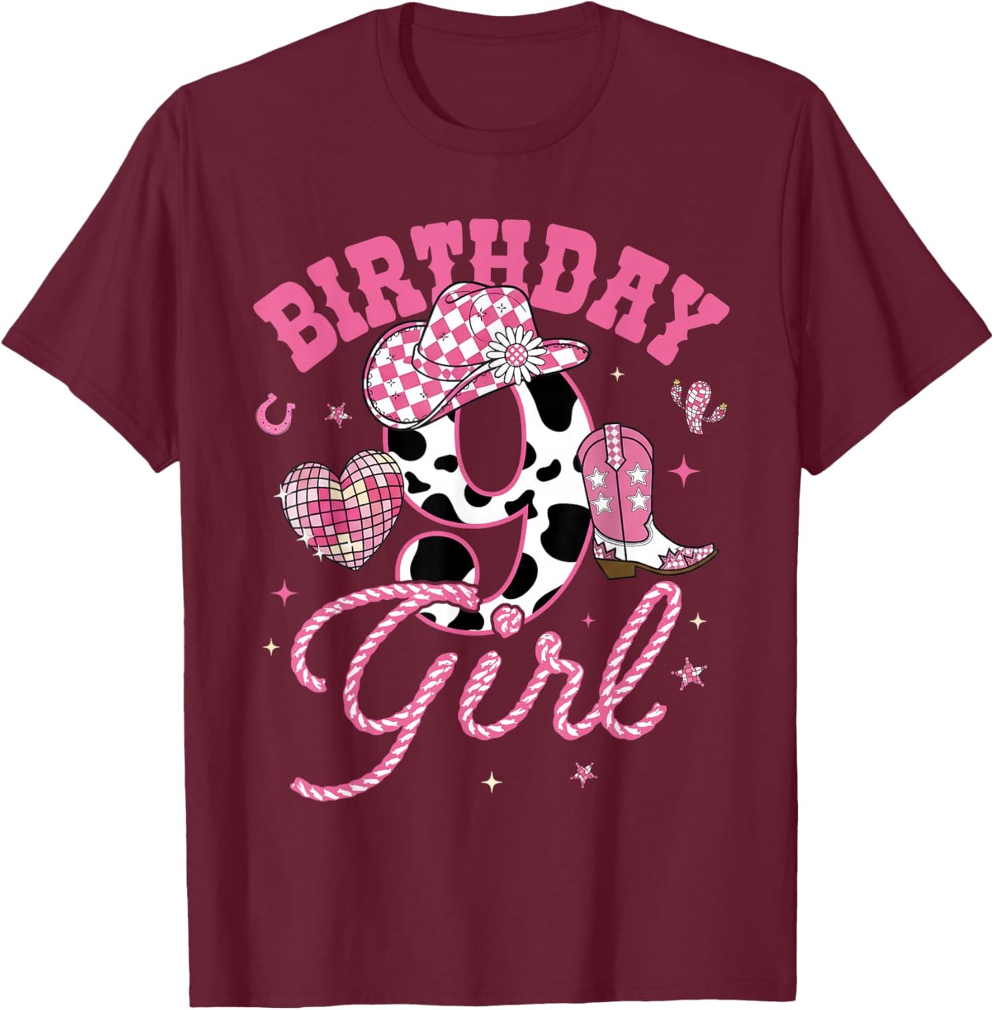 Kids 9 Year Old 9th Birthday Pink Cowgirl Birthday Girl T-Shirt - T-Shirt | Maroon