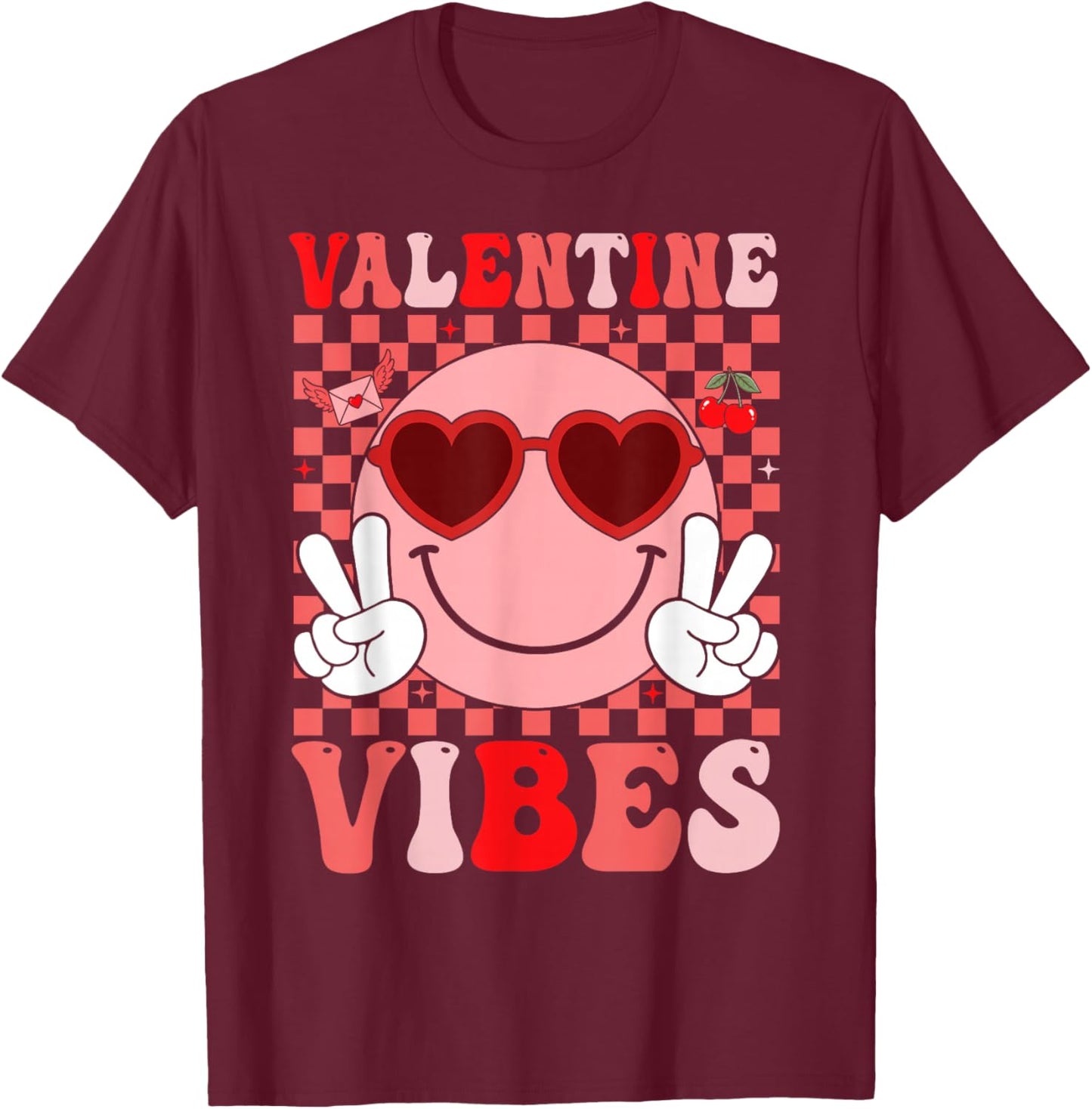 Groovy Valentine Vibes Smile Face Valentines Day Girls Women T-Shirt - T-Shirt | Maroon