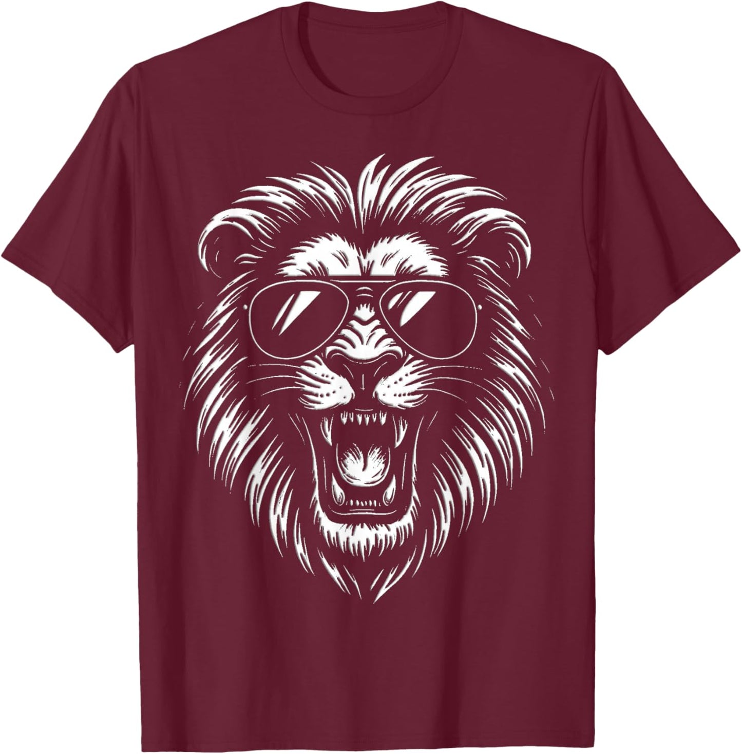 Roaring Lion with Sunglasses Bold Black and White Artwork T-Shirt - T-Shirt | Maroon