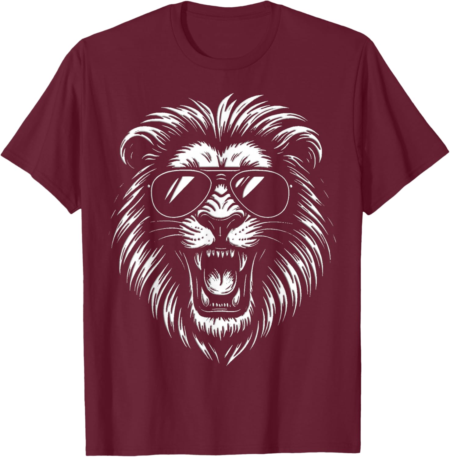Roaring Lion with Sunglasses Bold Black and White Artwork T-Shirt - T-Shirt | Maroon