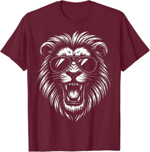 Roaring Lion with Sunglasses Bold Black and White Artwork T-Shirt - T-Shirt | Maroon
