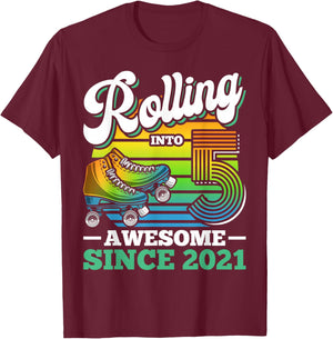 Rolling Into 5 Year Boy Roller Skating Birthday 5th Birthday T-Shirt - T-Shirt | Maroon