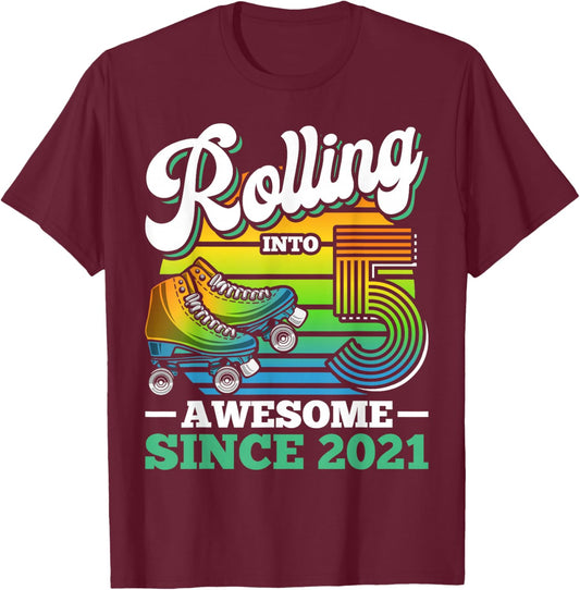 Rolling Into 5 Year Boy Roller Skating Birthday 5th Birthday T-Shirt - T-Shirt | Maroon