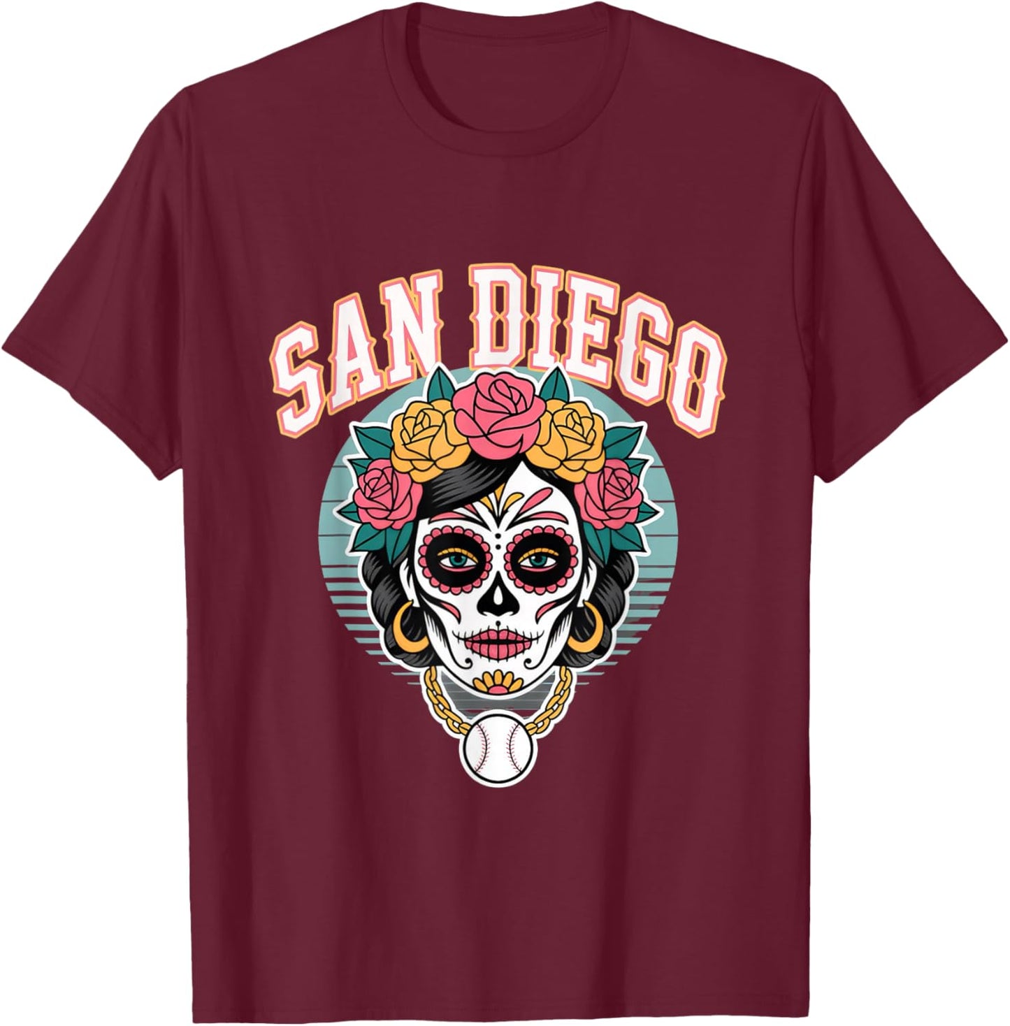 San Diego Sugar Skull Flower City Baseball T-Shirt - T-Shirt | Maroon