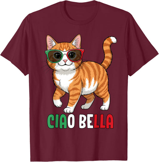 Ciao Bella Cat with Sunglasses Italian T-Shirt - T-Shirt | Maroon