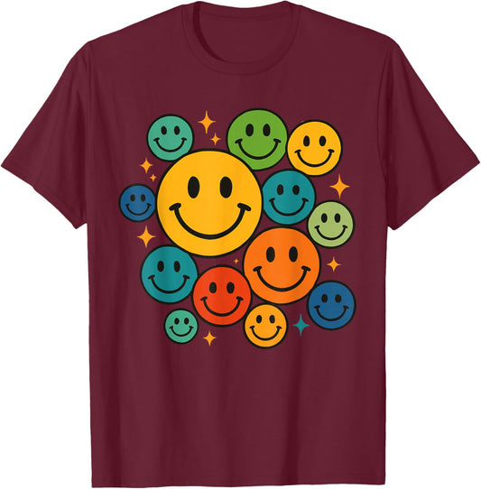 70s Shirt Women, Colorful Retro Happy Face T-Shirt - T-Shirt | Maroon