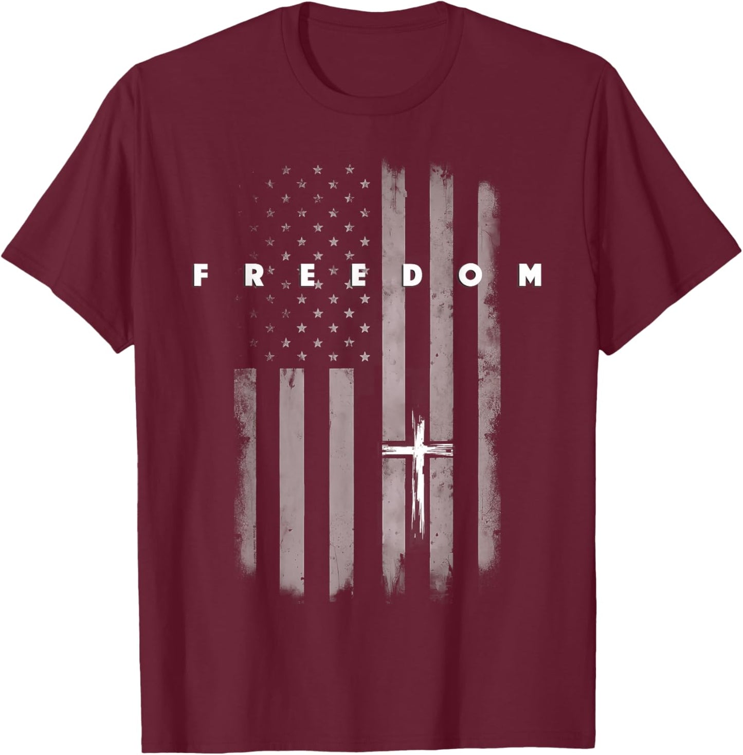 Grunge American Flag and Cross Faith Family Freedom T-Shirt - T-Shirt | Maroon