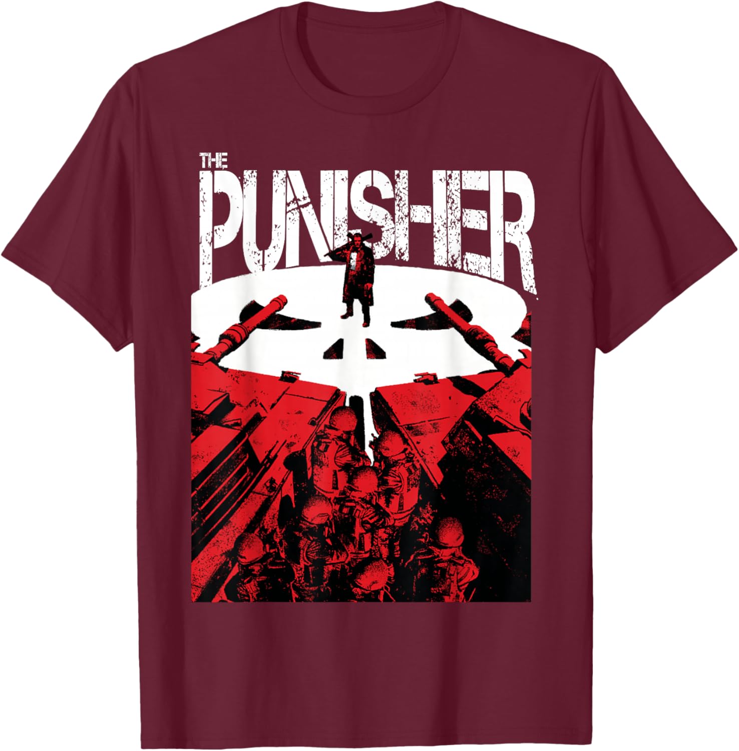 Marvel Comics The Punisher Frank Action Distressed Poster T-Shirt - T-Shirt | Maroon