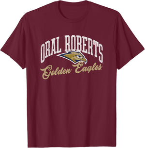 Oral Roberts University ORU Golden Eagles Archover Script T-Shirt - T-Shirt | Maroon