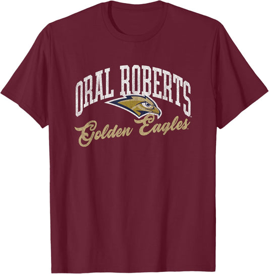 Oral Roberts University ORU Golden Eagles Archover Script T-Shirt - T-Shirt | Maroon