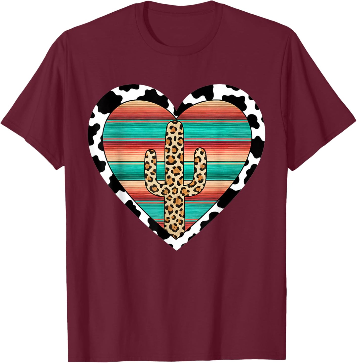 Serape Cactus Leopard Cow Print Cactus Turquoise Rustic T-Shirt - T-Shirt | Maroon
