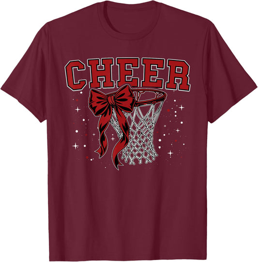 Red Cheer Squad Team Bow Sport Basketball Game Cheerleading T-Shirt - T-Shirt | Maroon