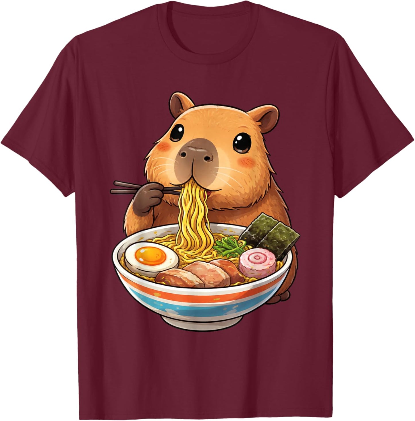 Capybara Eating Ramen Noodles Japanese Kawaii Graphic T-Shirt - T-Shirt | Maroon