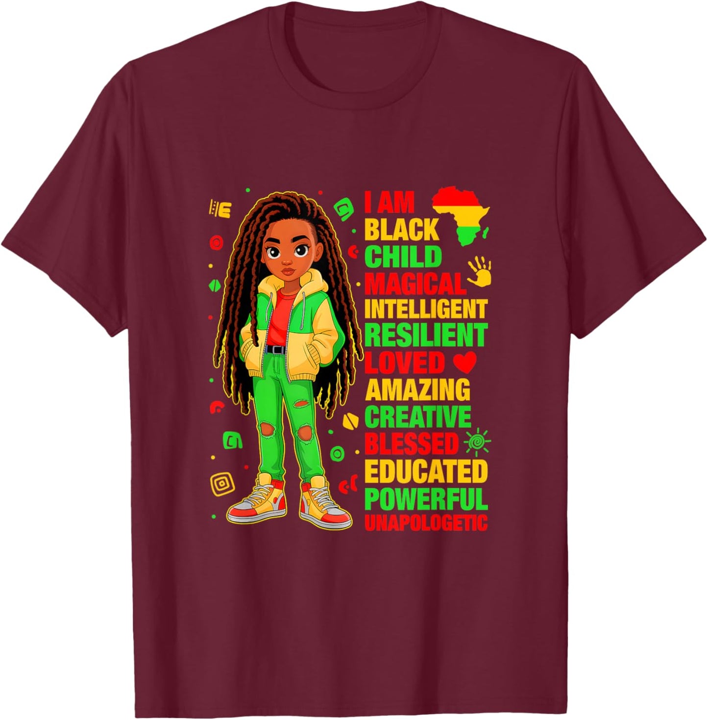 I Am Black Child History Month African American Kids Girls T-Shirt - T-Shirt | Maroon
