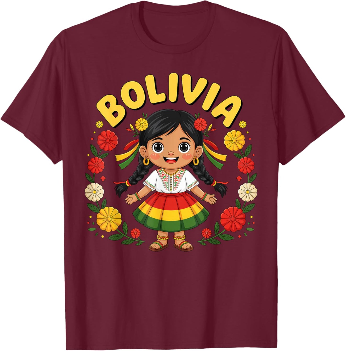 Cute Bolivia Girl Traditional Dress with Floral Design Kids T-Shirt - T-Shirt | Maroon