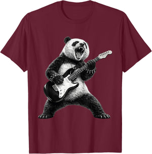 Panda Playing Guitar Rock Star Rock and Roll Men Women Kids T-Shirt - T-Shirt | Maroon