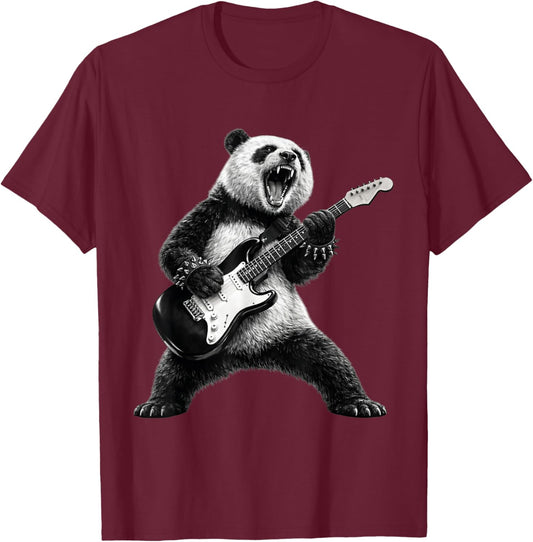 Panda Playing Guitar Rock Star Rock and Roll Men Women Kids T-Shirt - T-Shirt | Maroon