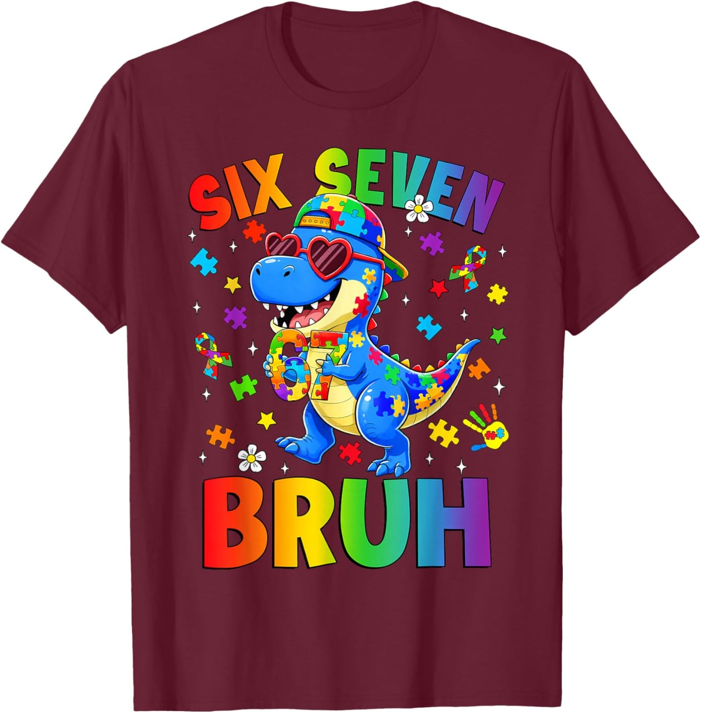 Six Seven Bruh 67 Autism Awareness Dinosaur T-rex Boys Kids T-Shirt - T-Shirt | Maroon