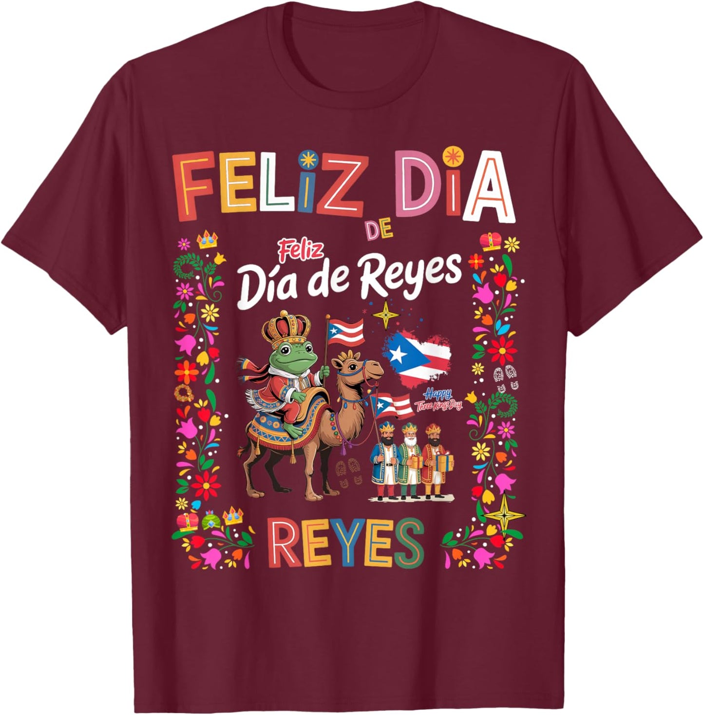 Three Kings Day Puerto Rican Women Idea & Coqui Frog Boricua T-Shirt - T-Shirt | Maroon