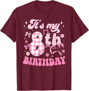 8th Coquette Birthday Party Eight Year Old Bow T-Shirt - T-Shirt | Maroon