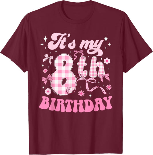 8th Coquette Birthday Party Eight Year Old Bow T-Shirt - T-Shirt | Maroon