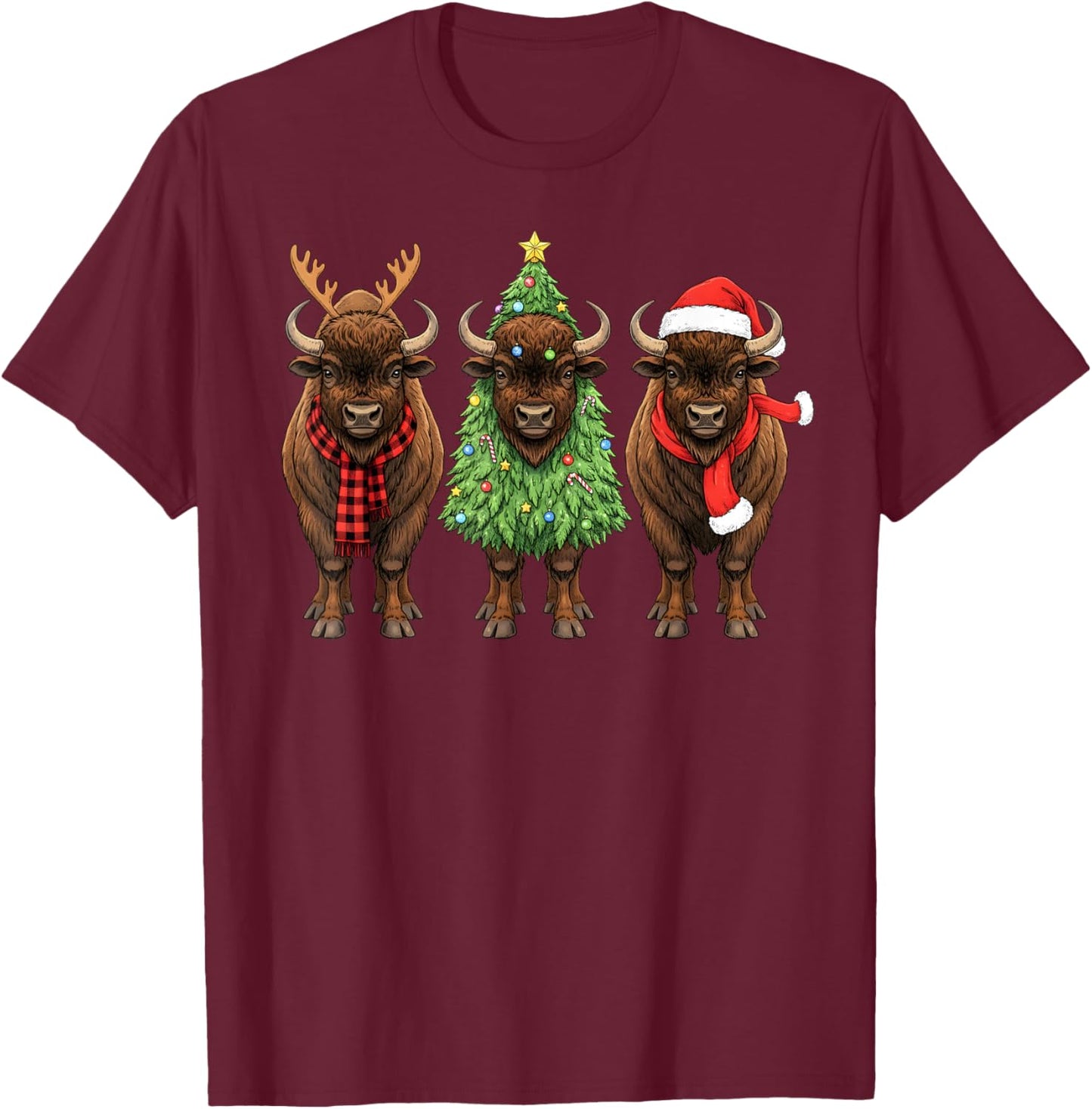 Retro Christmas American Bison Buffalo Santa Reindeer T-Shirt - T-Shirt | Maroon