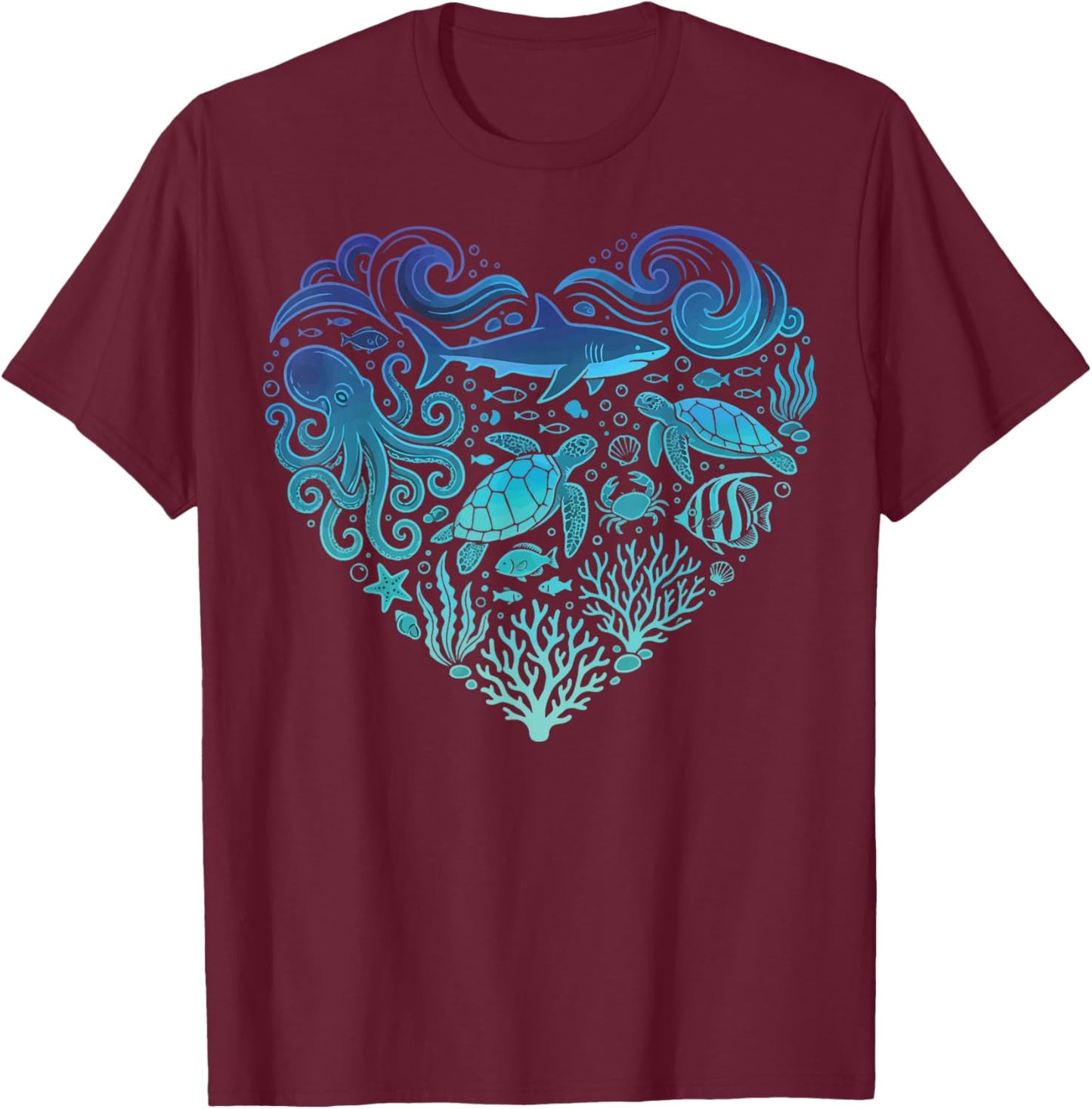 Underwater Sea Animals Heart Shark Fisher T-Shirt - T-Shirt | Maroon