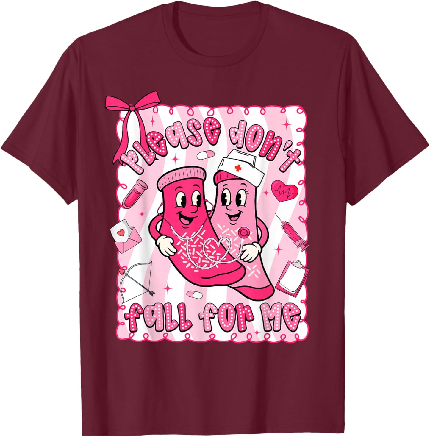 Preppy Valentine Please Don't Fall for Me RN CNA Nurse Women T-Shirt - T-Shirt | Maroon